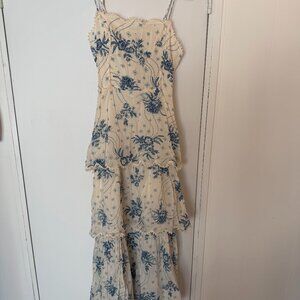 Never Fully Dressed Blue Toile Tiered Midi Dress Open Back